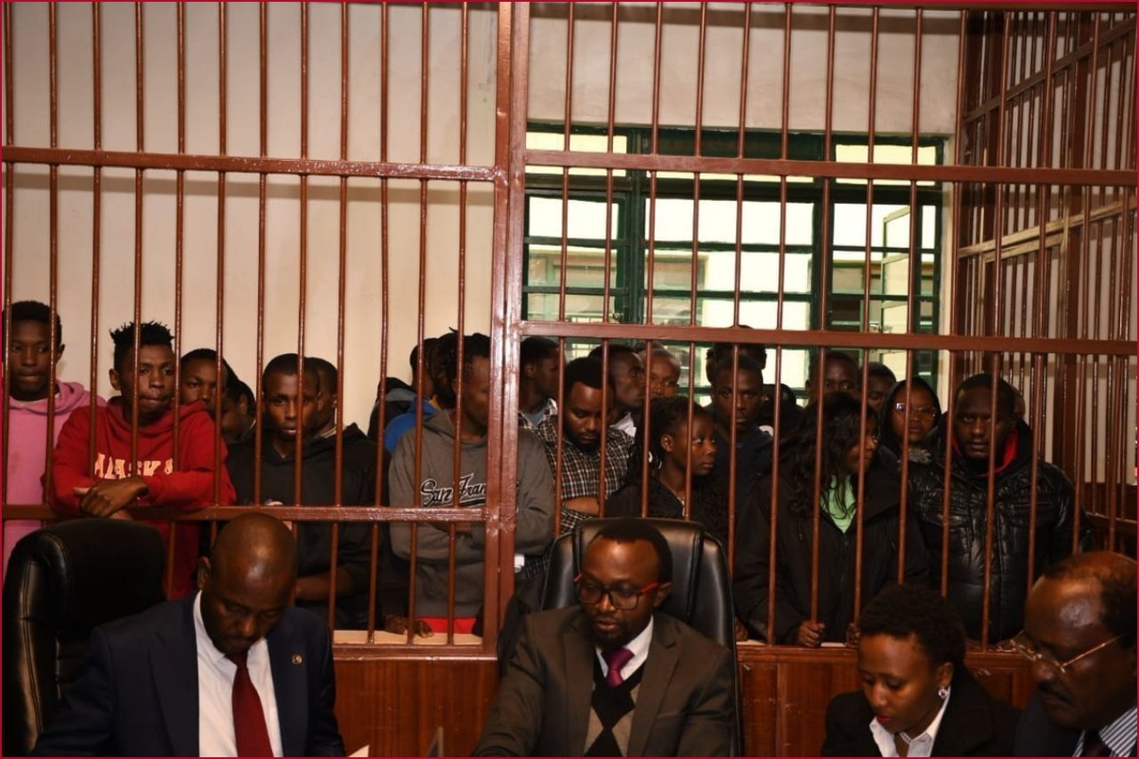 Detained protesters during proceedings at the Kahawa Law Courts.